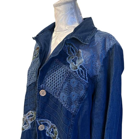 Vintage Styleworks Denim Duster Blue Embroidered Lace Long Jacket Sz 12 Boho - Picture 11 of 16